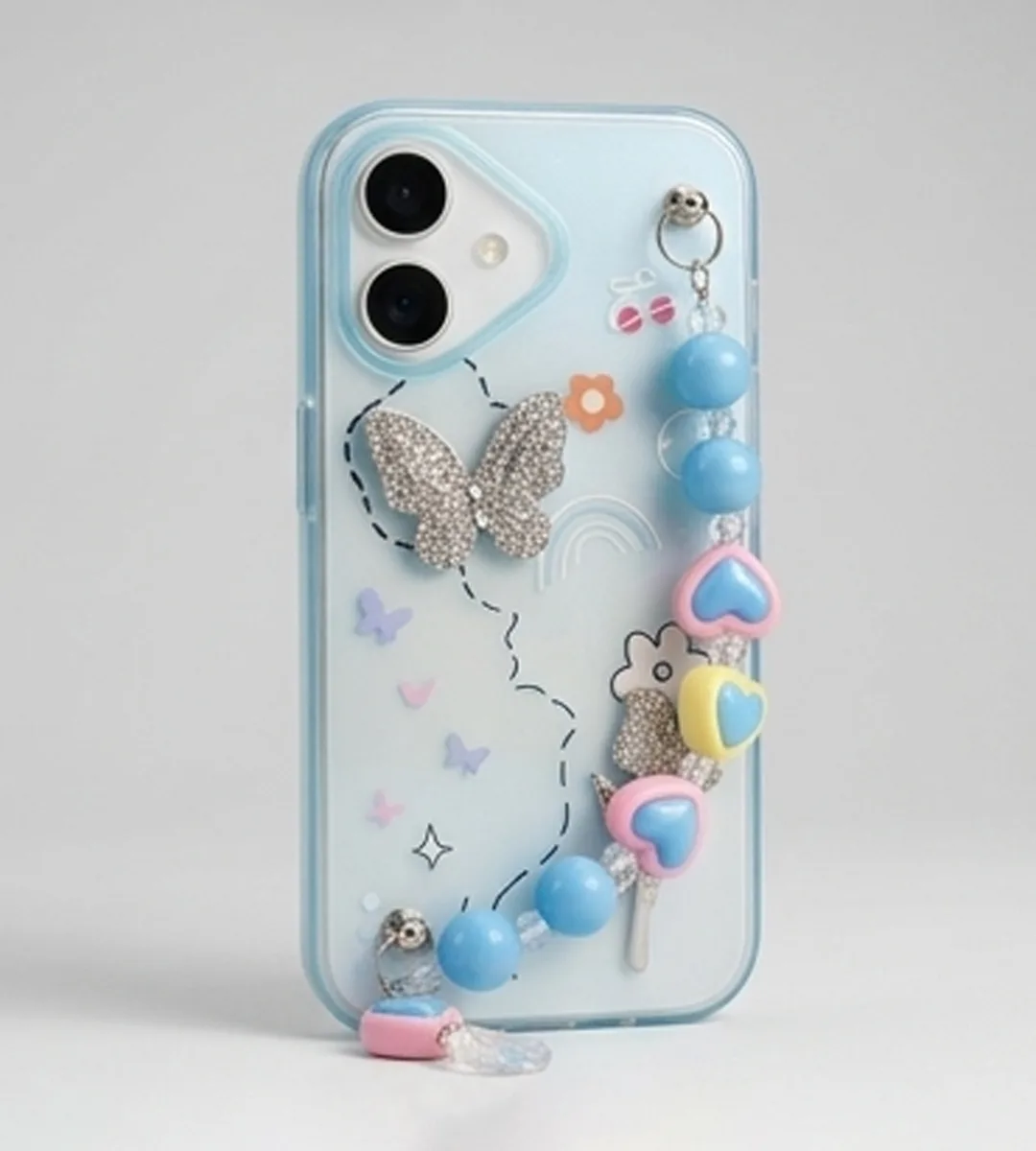IPHONE 17 SERIES GARDEN BUTTERFLY BLUE: CRYSTAL EMBELLISHED, HANDMADE BEADED WRISTLET, PREMIUM SOFT-TOUCH PROTECTIVE COVER