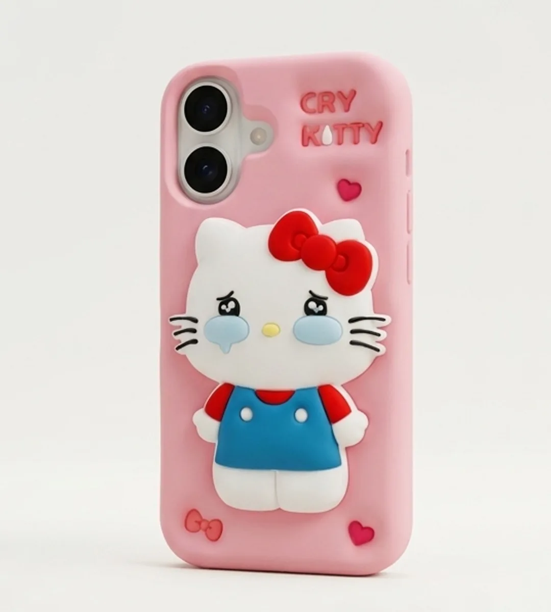 iPhone 17 Series Cry Kitty 3D Cartoon Silicone Soft Case For iPhone Cute Crying Cat Character Embossed Kawaii Protective Cover Pink