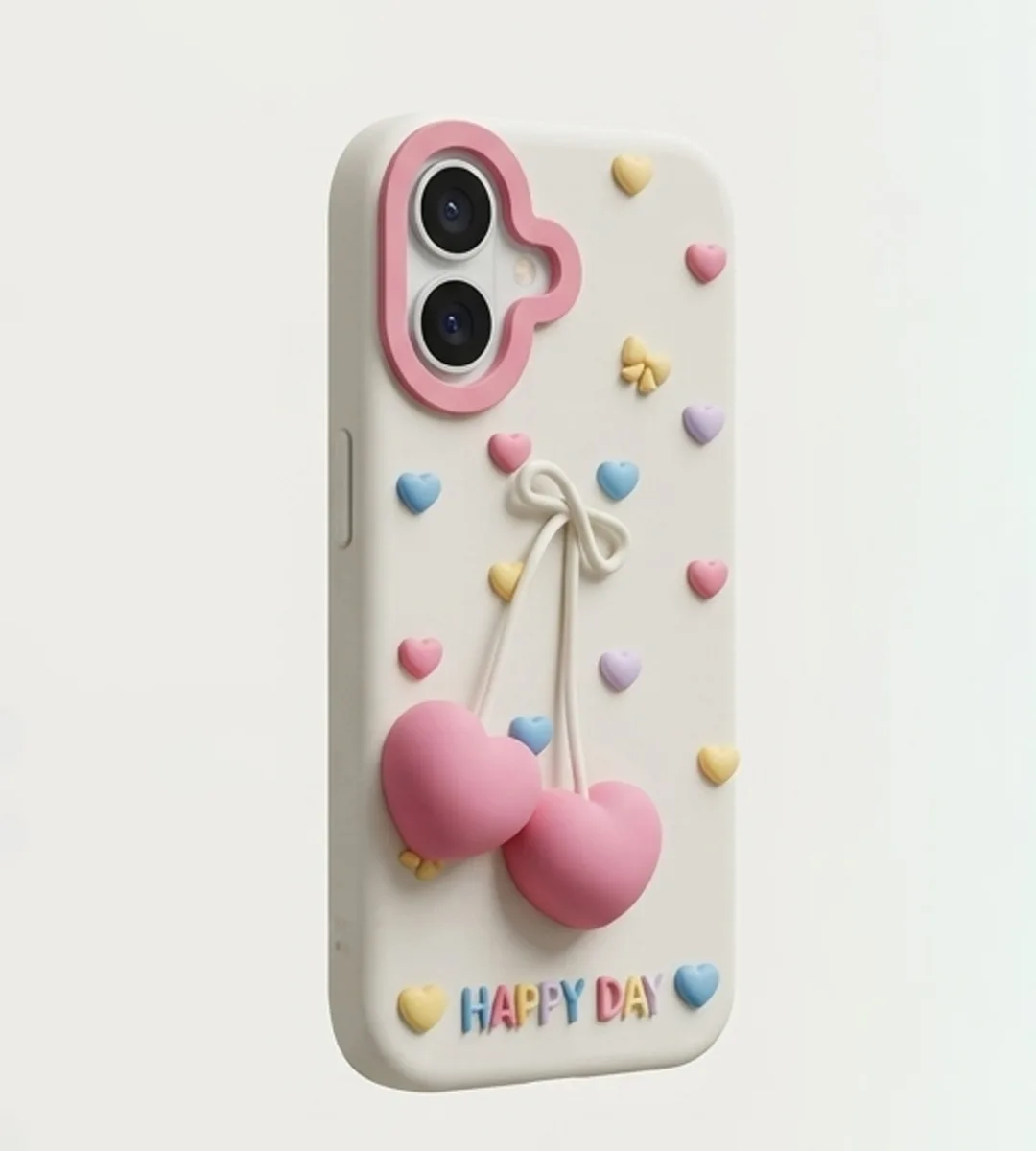 iPhone 17 Series 3D "Happy Day" Heart Cherry Case – Pastel Coquette Aesthetic Soft Silicone Cover