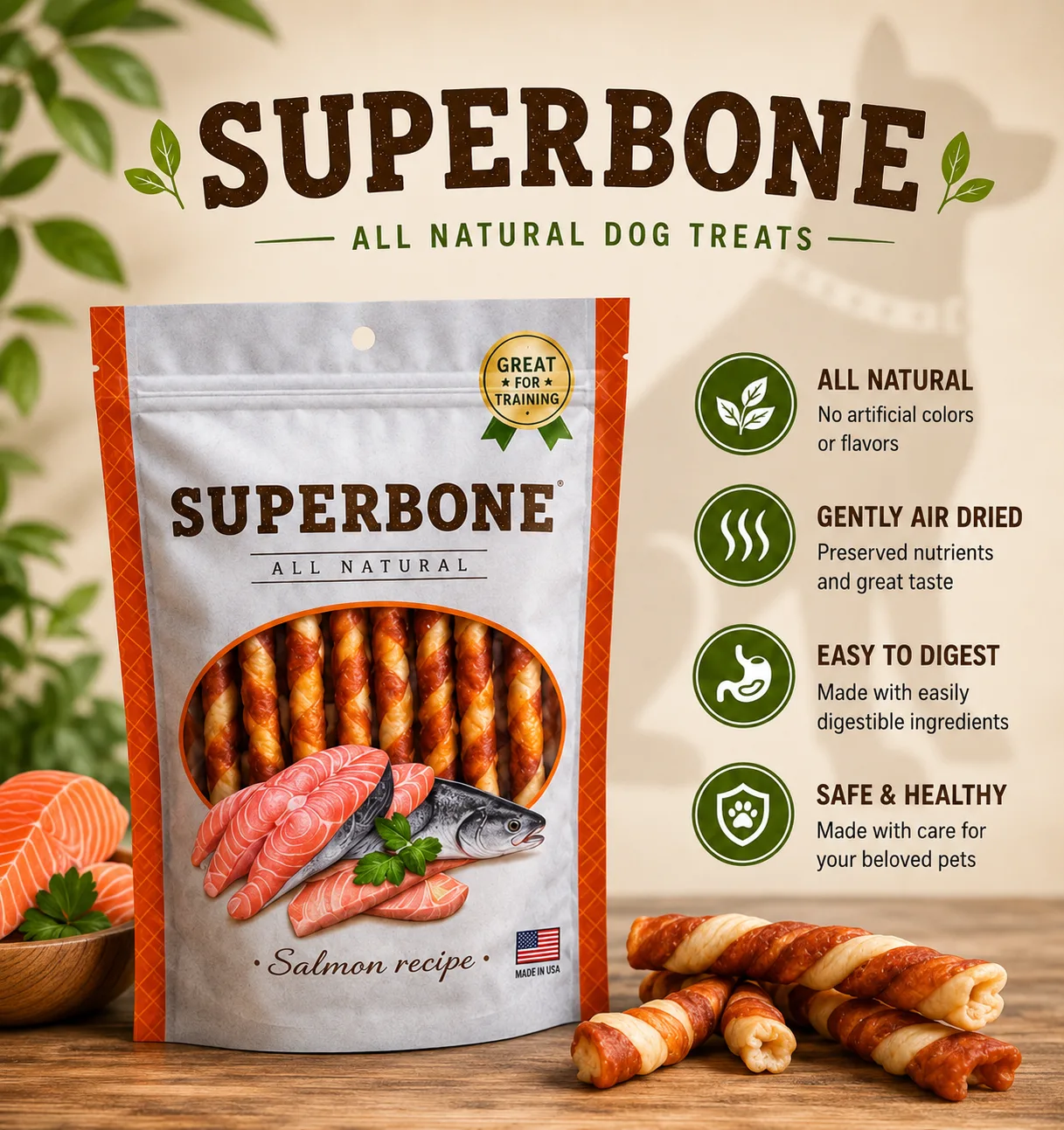 All-Natural Chicken Stick Dog Treats with Salmon Oil (9-in-1 Benefits) | Highly-Digestible Training Chews for All Breeds (100 g)