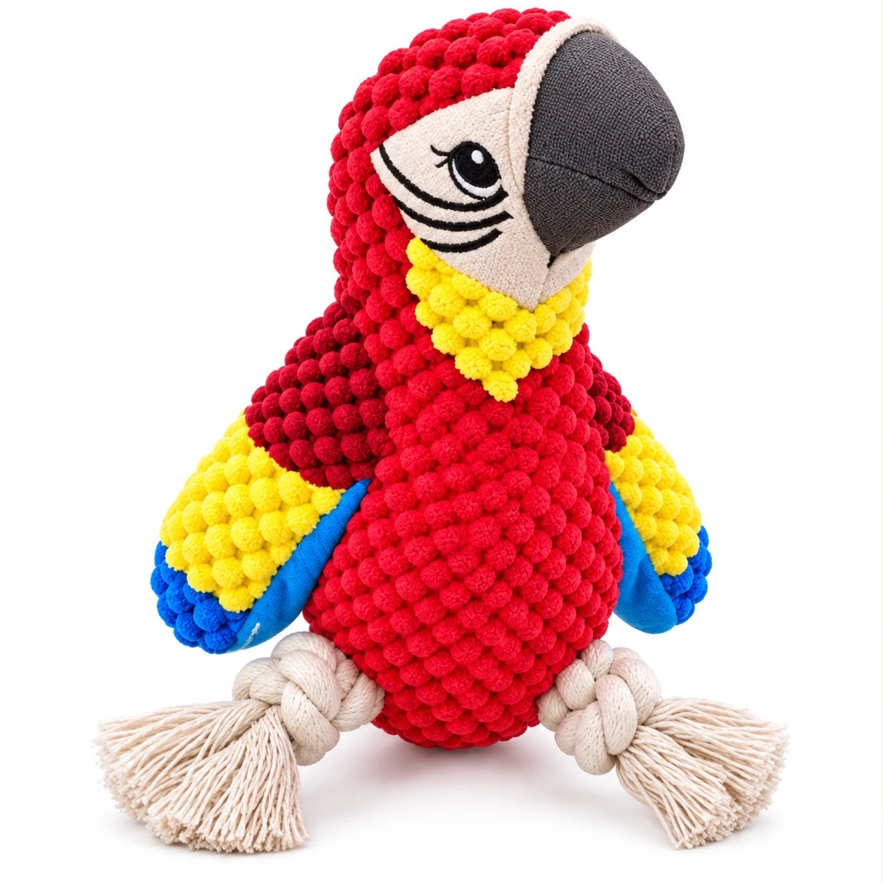 Red Macaw Squeaky Plush Dog Rope Toy| Crinkle papered, Cotton stuffed |  