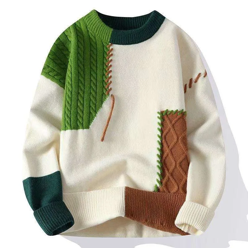 Men's Winter Neck Pullover Sweaters Warm Long-Sleeved Casual Patchwork Colored Sweater